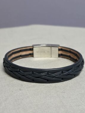 Fossil Navy Blue Braided Leather Bracelet with Silver Clasp